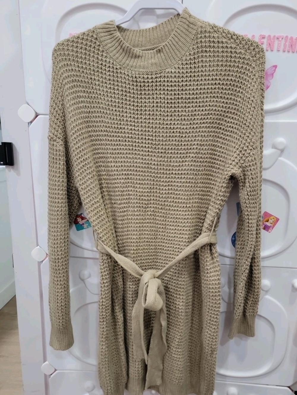 Crew Neck Knit Belted Dress in Beige